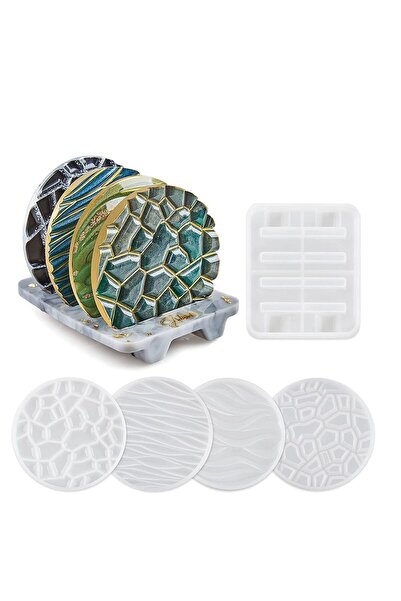 Generic Excefore Coaster Resin Mould, 4Pcs Different Pattern Coaster Moulds with 1Pc Coaster Stand Storage