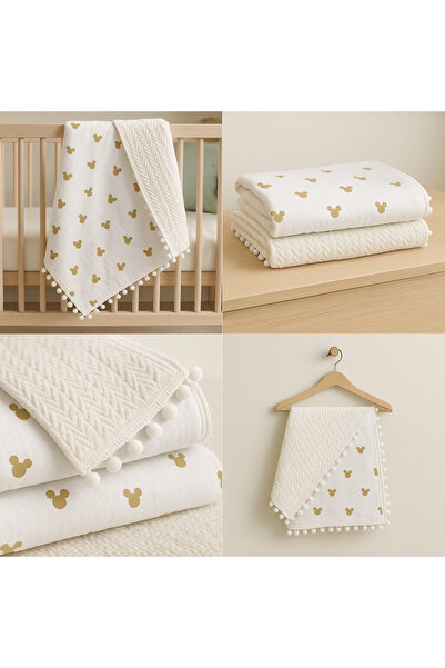 BeygeBaby Mickey'li Örgü Pike Örtü 110x100 Ölçülerinde