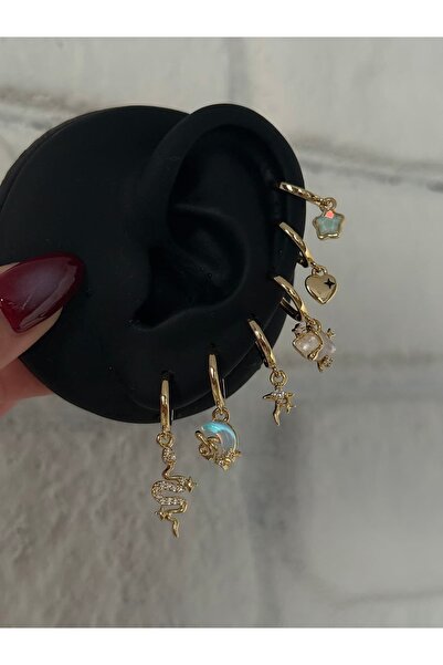 h&b design jewel Çelik Gold Hologramlı Yılan Detaylı 6 Lı Küpe Seti