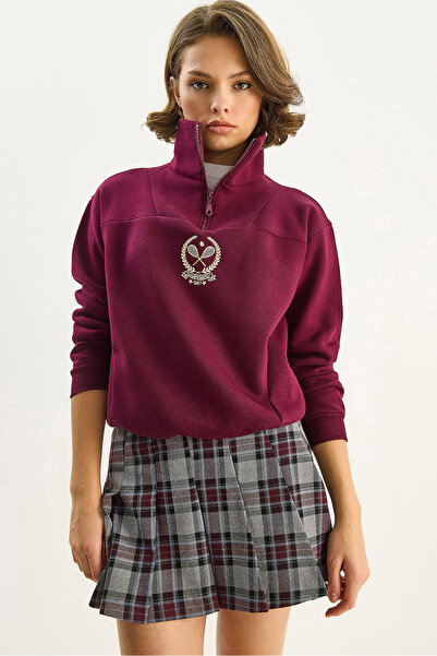 Bianco Lucci Kadın Dik Yaka Yarım Fermuarlı İçi Polarlı Crop Sweatshirt 1808 60283713