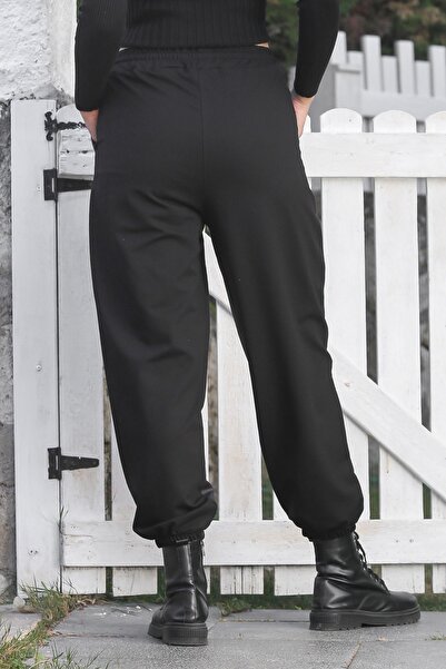 Chiccy Black Pocketed Elasticated and Tied Waist Elasticated Leg Casual Faux Leather Knitted Trousers 96 60