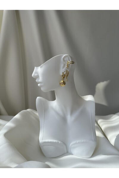 NB STEELORA Zirkon Taşlı Yıldız Ve Ay Model Gold Renk 3'lü Çift Küpe Set