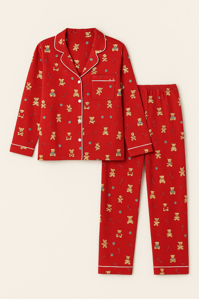 Katia&Bony Kadın Teddy Desenli Yılbaşı Temalı Pijama Takımı Kırmızı
