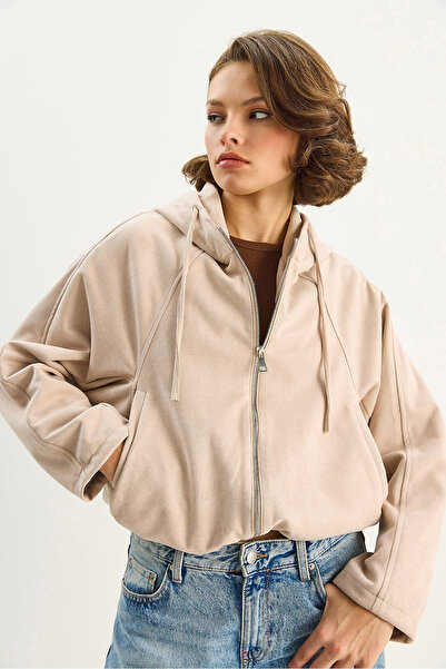 Bianco Lucci Women's Hooded Zippered Pocket Detailed Lined Suede Bomber Jacket 6912 60283709