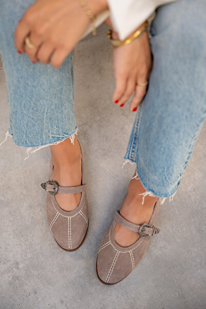 LAMİNTA Opsis Mink Suede Flat Sole Belt Detailed Women's Ballerinas