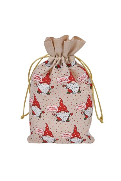 SHOPIENS Χριστουγεννιάτικη Τσάντα δώρου, σχέδιο Gnome, μπεζ, Πολυεστέρας, 15x...