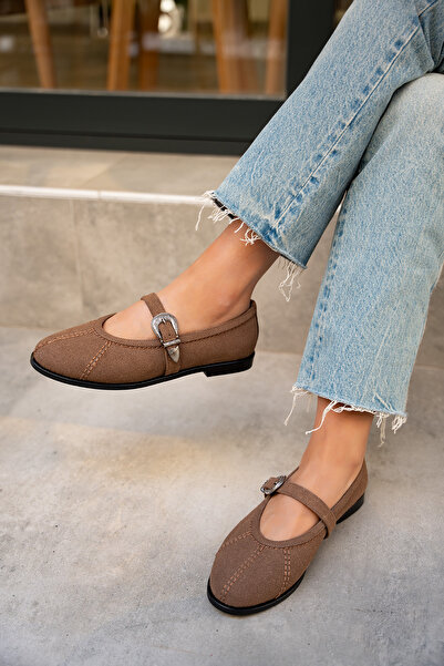 LAMİNTA Opsis Dark Brown Suede Flat Sole Ballerinas with Strap Detail