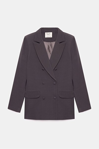 Saade Antrasit Kadın Regular Fit Dokuma Kruvaze Blazer Ceket - Düğme Detaylı