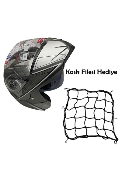 JK20 Çene Açılır Güneş Vizörlü Motosiklet Kaskı Gri Siyah XL Beden Baş Çevres...