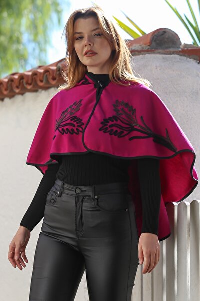 Chiccy Burgundy Hooded Buttons Piped Süzene Embroidered Casual Cashmere Bolero Woven Poncho 43 75