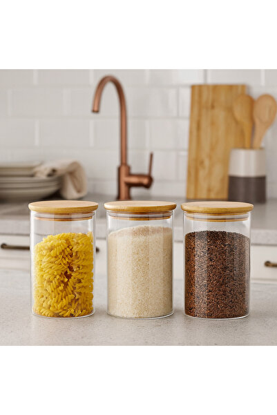 Blissra 3’lü Bambu Kapaklı Cam Kavanoz Seti – Hava Geçirmez, Şık Mutfak Saklama Kabı-700mL