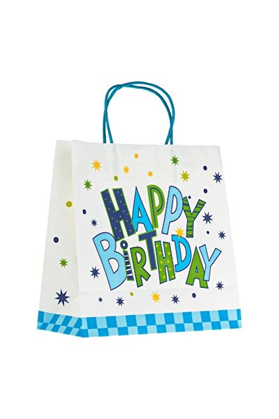 OEM Pungă cadou kraft albă cu bază în carouri albastre și stele „La mulți ani...