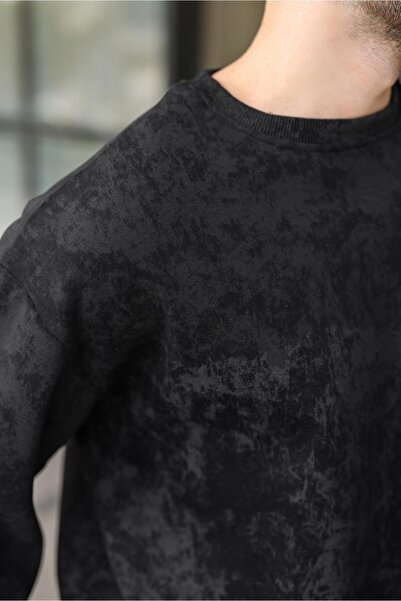 Madmext Black Crew Neck Tie-Dye Patterned Men's Sweatshirt Pants Set E7344