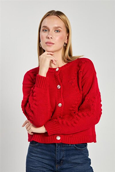 BARRELS AND OIL Women's Pompom Buttoned Cardigan - Red
