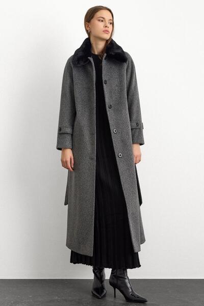 Olcay Fur Collar Detachable Fur Moher Long Coat Anthracite 3151