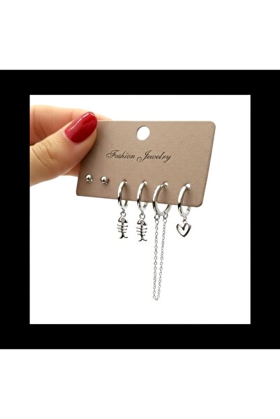 CLOVER JEWELRY طقم أقراط أنيقة متعددة الأشكال باللون الفضي - أقراط فولاذية
