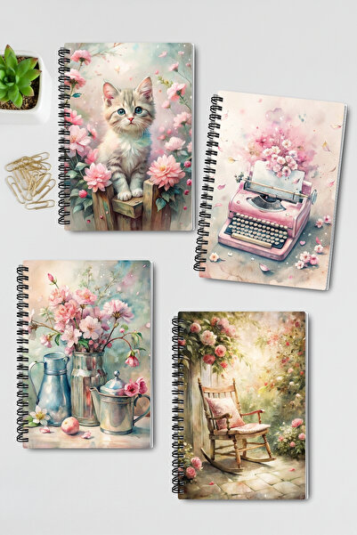 qoeuyl boutique Pink Dreams Design nostalgic Spirală din sârmă A5 fără linii Set de 4 caiete de amintire, memorii, școală