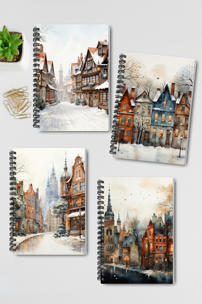 qoeuyl boutique مجموعة دفاتر ملاحظات بتصميم مدن شتوية ريفية، حلزونية الشكل، مقاس A5، بدون خطوط، تتكون من 4 قطع، تستخدم كتذكار أو دفتر مدرسي