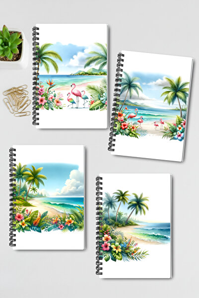 qoeuyl boutique Tropical Coast Design Wire Spiral A5 Unlined 4-Piece Souvenir, Memory, School Notebook Set