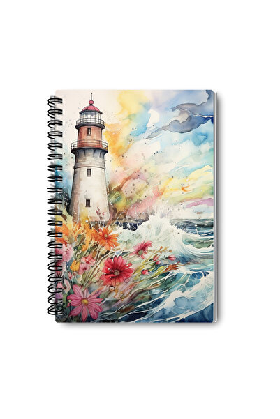 qoeuyl boutique Set de caiete cu tematică oceanică, design far, spirală de sârmă, A5, fără linii, 4 bucăți, suvenir, memorie, caiet de școală