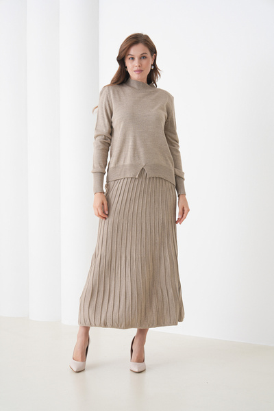 MAMAYAGA سترة نسائية بتنورة مطوية بتصميم V مناسبة للحجاب، طقم سترة وتنورة محبوكة