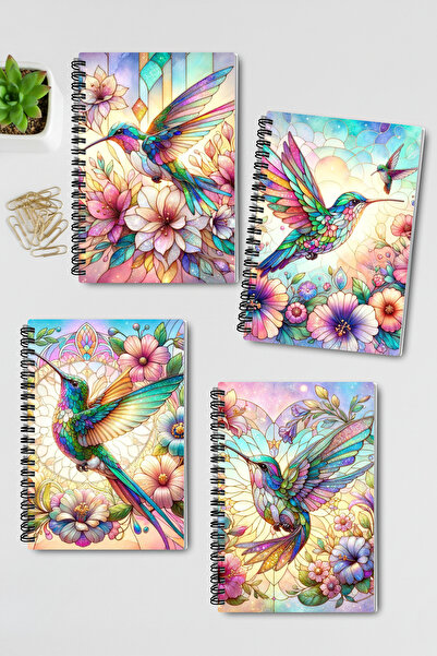 qoeuyl boutique Set de caiete de școală, cu design cu vitralii, cu pasăre drăguță, cu spirală de sârmă, A5, fără linii, 4 bucăți