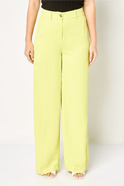 PROMOD بنطلون نسائي أرجل واسعة بقصّة عادية، لون أخضر ليموني