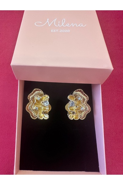 Milena Designer Store Milena Istanbul Zircon Stone Half Flower Gold Earrings