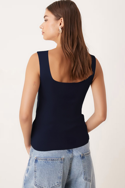 armonika Women's Navy Blue Thick Strap Ribbed Knit Blouse Arm-23Y069001