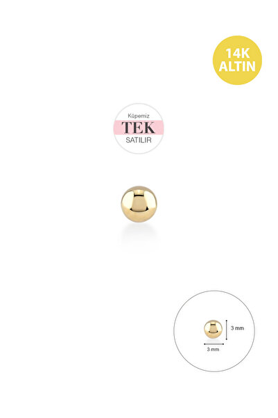 KURSHUNI Taşsız Top (3mm), 14 Ayar Altın Küpe (Tek Satılır)
