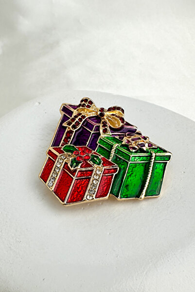 Modex Yılbaşı Özel Taşlı Renkli Hediye Paketi Broş (5cm)