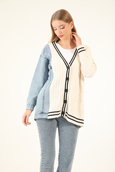 Suede Style 50619 - Άνετο και κομψό πλεκτό μπουφάν με τζιν γαρνιτούρα