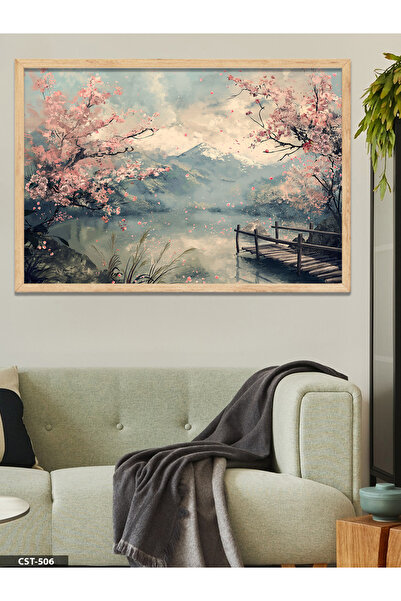CeSht Pembe Çiçekli Ağaç Tek Parça Ahşap Çerçeveli Tablo