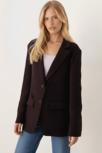 armonika Kadın Acı Kahve Erkek Yaka Cep Kapaklı Vatkalı Oversize Kaşe Ceket ARM-26K001044