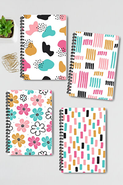 qoeuyl boutique Cute Doodle Patterned Design Wire Spiral A5 Unlined 4-Piece Souvenir, Memory, School Notebook Set