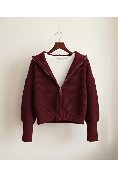 FLEX FASHION Women's Burgundy Trend Turn-Down Collar Zippered Popular Knitwear Cardigan