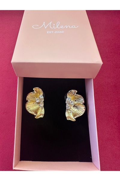 Milena Designer Store Milena Istanbul Three Drop Zircon Stone Flower Gold Earrings