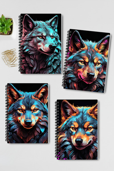 qoeuyl boutique Pop Art Wolf Themed Design Wirebound A5 Unlined 4-Piece Souvenir, Memory, School Notebook Set
