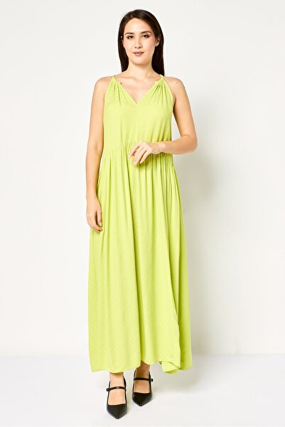 PROMOD فستان ماكسي نسائي مطوي، أخضر ليموني