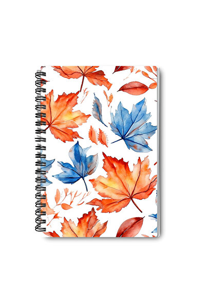 qoeuyl boutique Autumn Leaves No:1 Design Wire Spiral A5 Unlined 4-Piece Souvenir, Memory, School Notebook Set