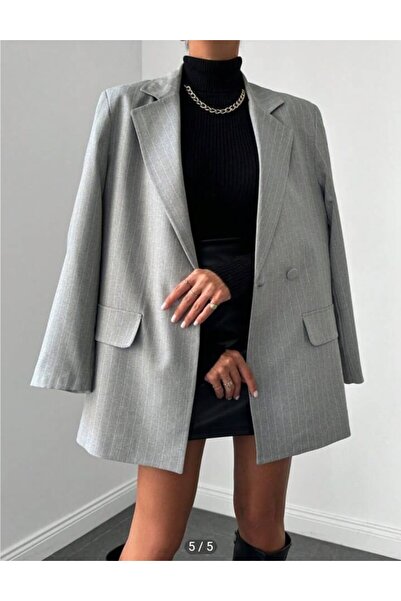 Nina Fashion Club Kadın Blazer Ceket Gri Çizgili
