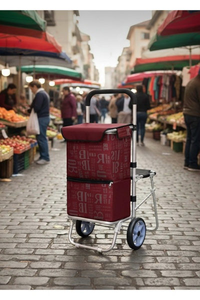 CEZVE HOME Katlanabilir Oturaklı Alüminyum Gövdeli Pazar Arabası – Sessiz Tekerlek - Fermuarlı Çanta