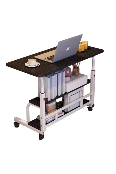 Un Table with wooden top and lower shelves, adjustable height and strong wheels 85 x 60 cm black
