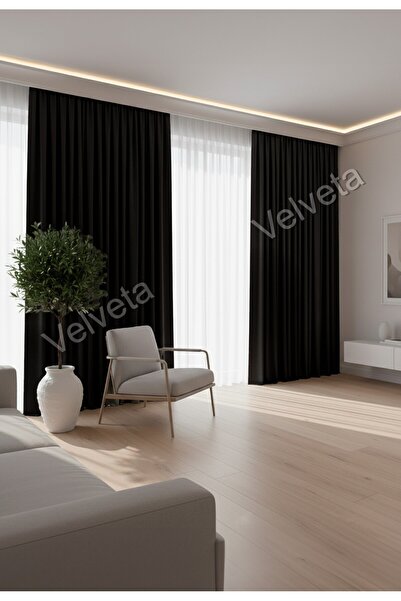 Velveta Modern Series Düz Pile Kadife Dokulu Fon Perde Siyah