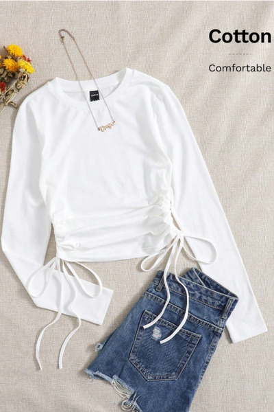 Tarz Cool Γυναικείο μακρυμάνικο μπλουζάκι με λεπτομέρεια με κορδόνι σε λευκό χρώμα