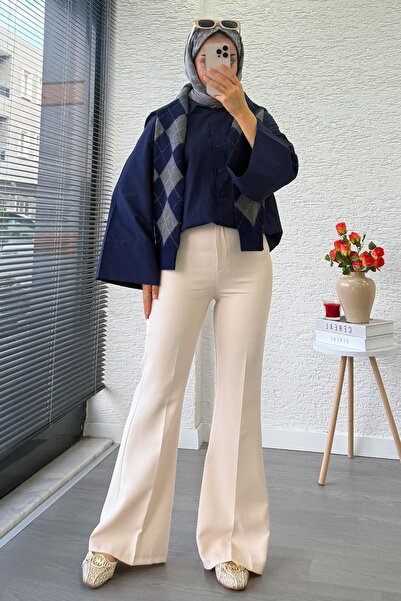 MELEK ARAZ Yüksek Bel İspanyol Paça Kadın Pantolon – Krem