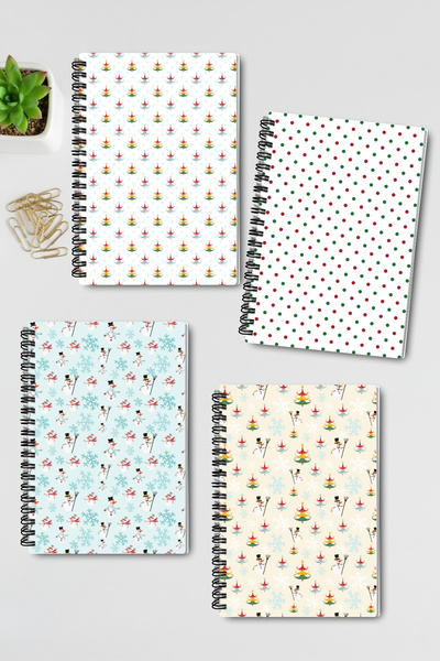 qoeuyl boutique Yılbaşı Temalı Tasarım Tel Spiralli A5 Çizgisiz 4'lü Hatıra, Anı, Okul Defter Seti