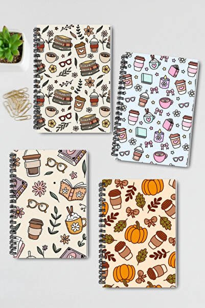 qoeuyl boutique مجموعة دفاتر مدرسية من 4 قطع بتصميم خريفي يحمل طابع القهوة والزهور، مع سلك حلزوني، مقاس A5، بدون خطوط