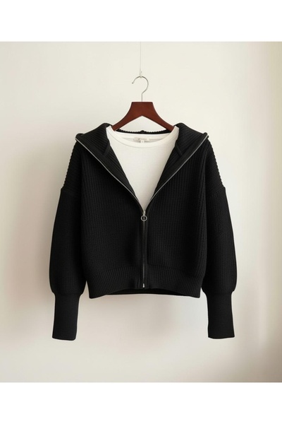 FLEX FASHION Women's Black Trend Turn-Down Collar Zippered Popular Knitwear Cardigan