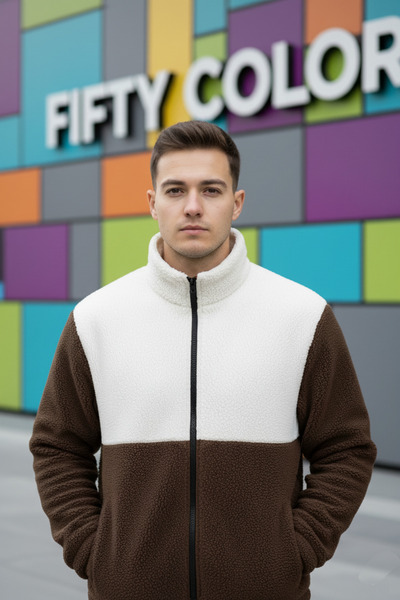 Fifty Color Trend, Color Block , Zippered, Mock Neck , Unlined, Sherpa, Plush Jacket